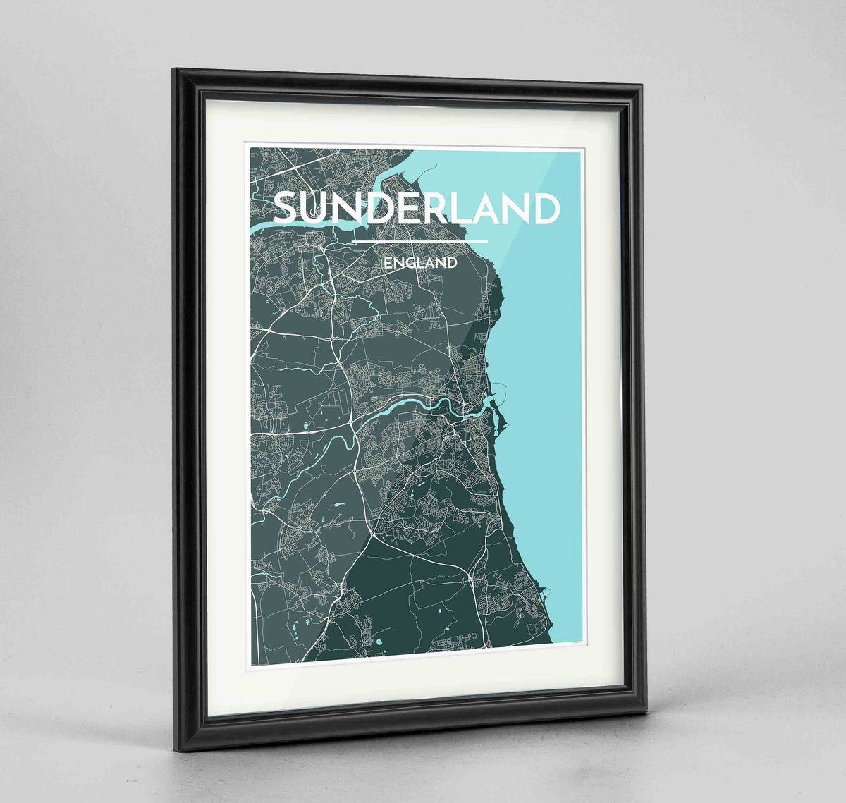 Framed Sunderland Map Art Print 24x36&quot; Traditional Black frame Point Two Design Group