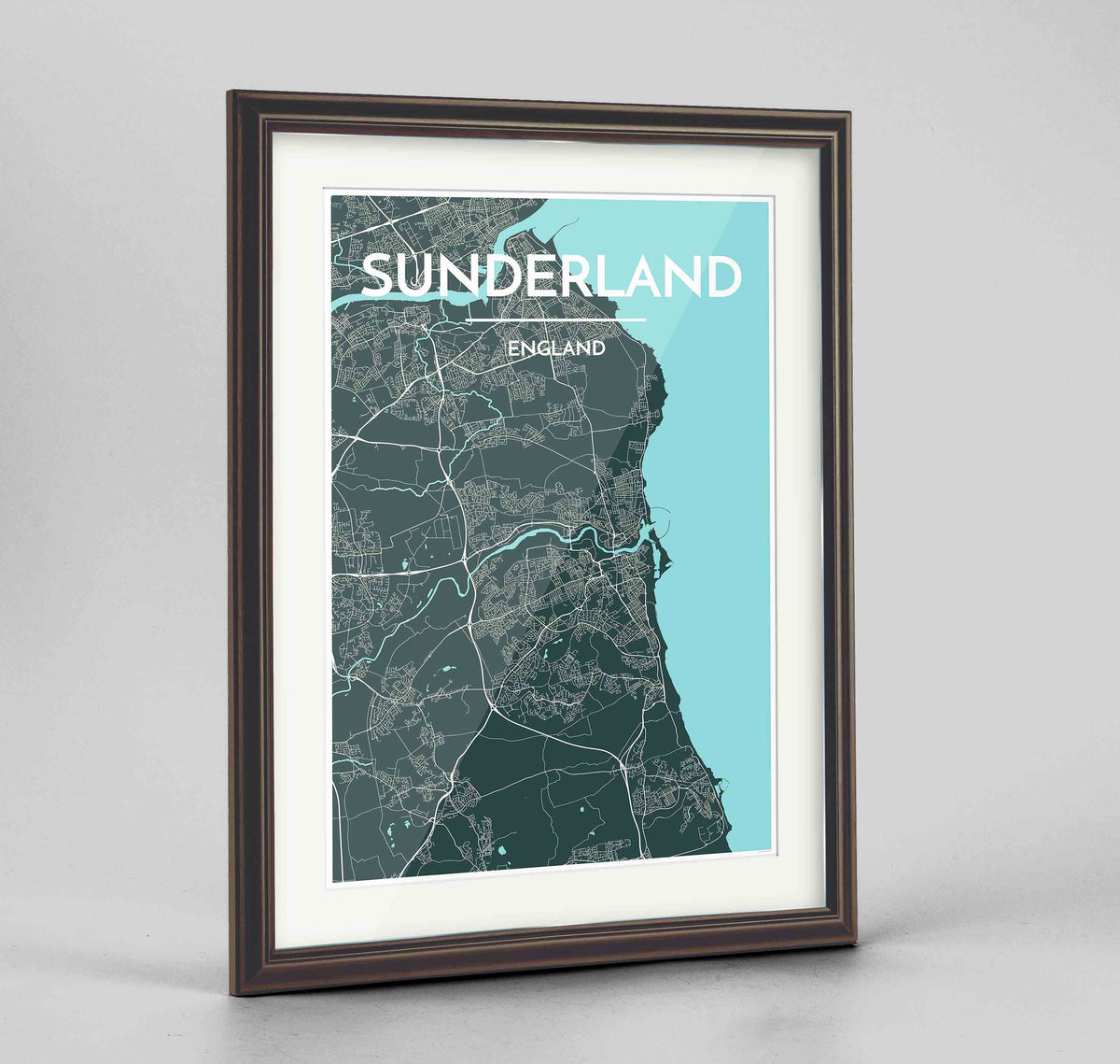 Framed Sunderland Map Art Print 24x36&quot; Traditional Walnut frame Point Two Design Group