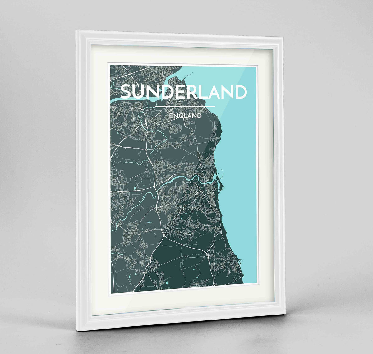 Framed Sunderland Map Art Print 24x36&quot; Traditional White frame Point Two Design Group