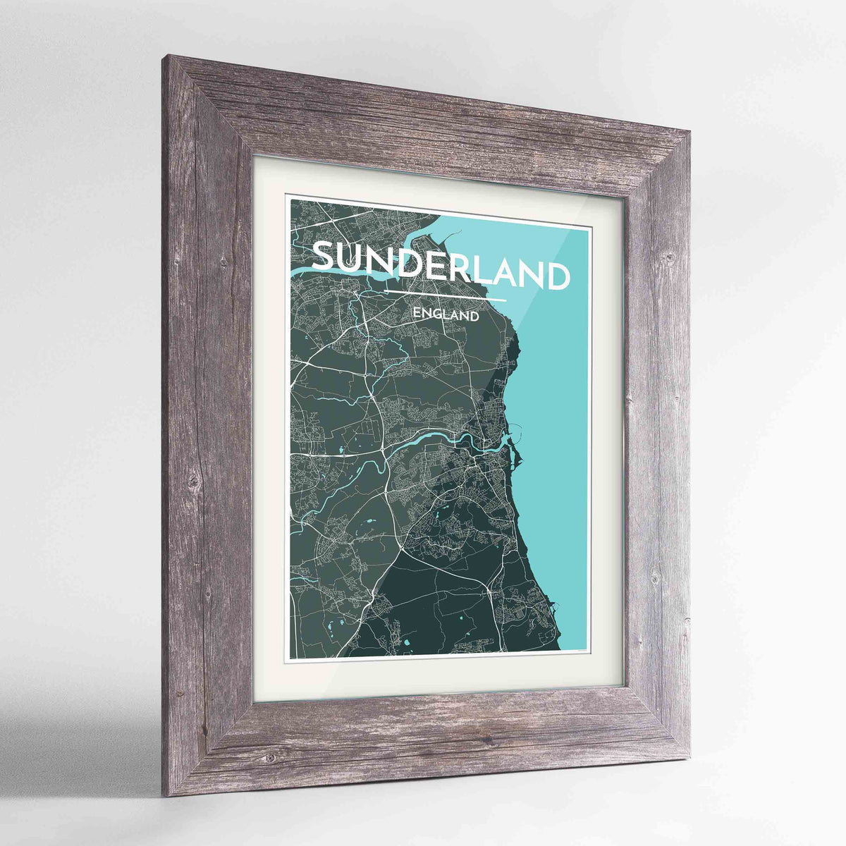 Framed Sunderland Map Art Print 24x36&quot; Western Grey frame Point Two Design Group