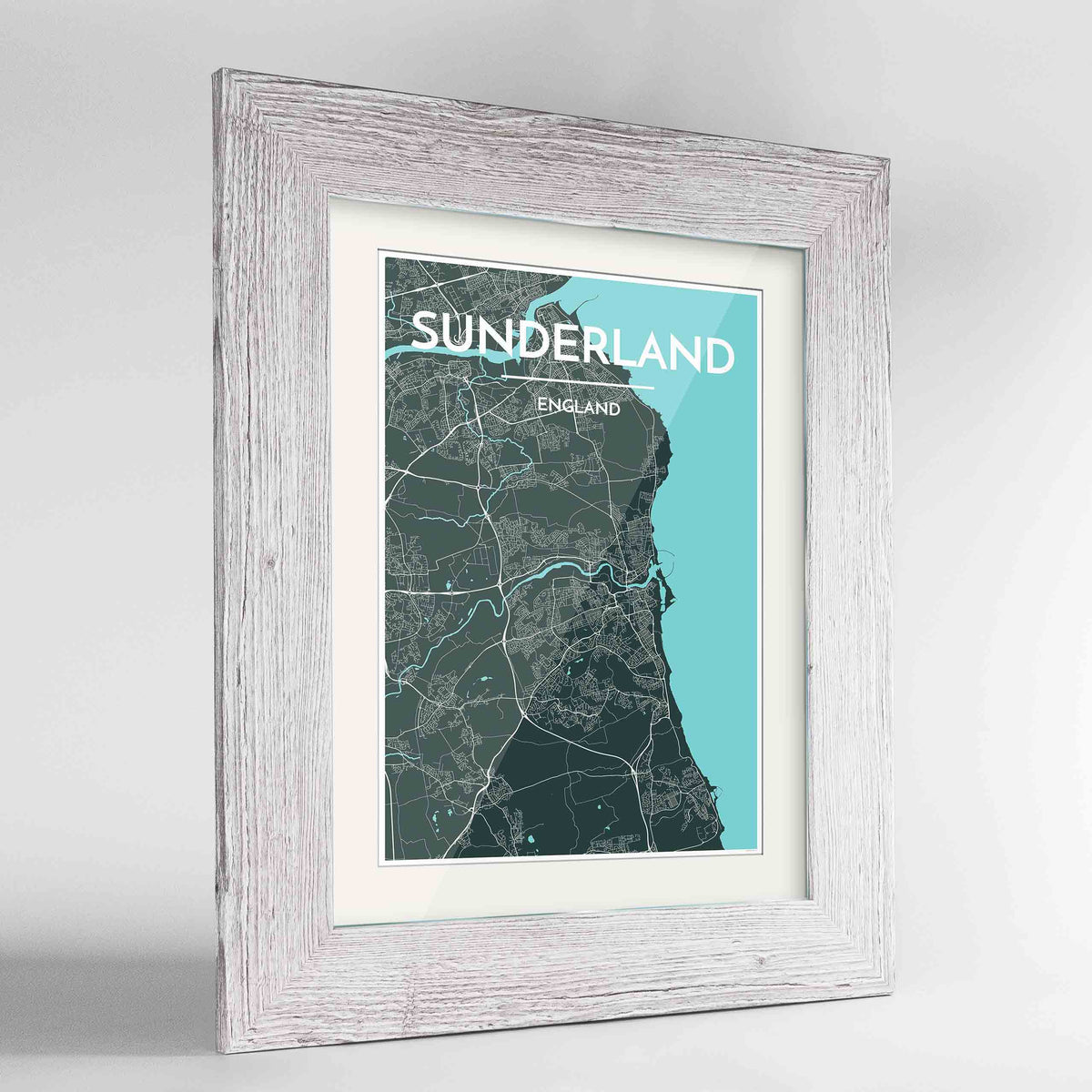 Framed Sunderland Map Art Print 24x36&quot; Western White frame Point Two Design Group