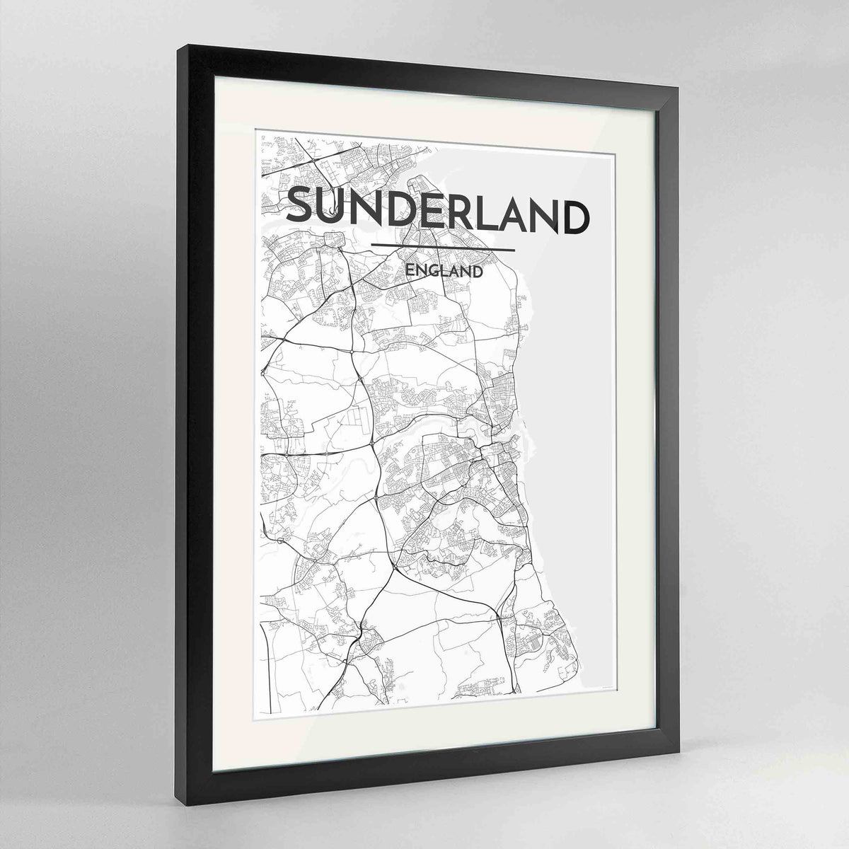 Framed Sunderland Map Art Print 24x36&quot; Contemporary Black frame Point Two Design Group