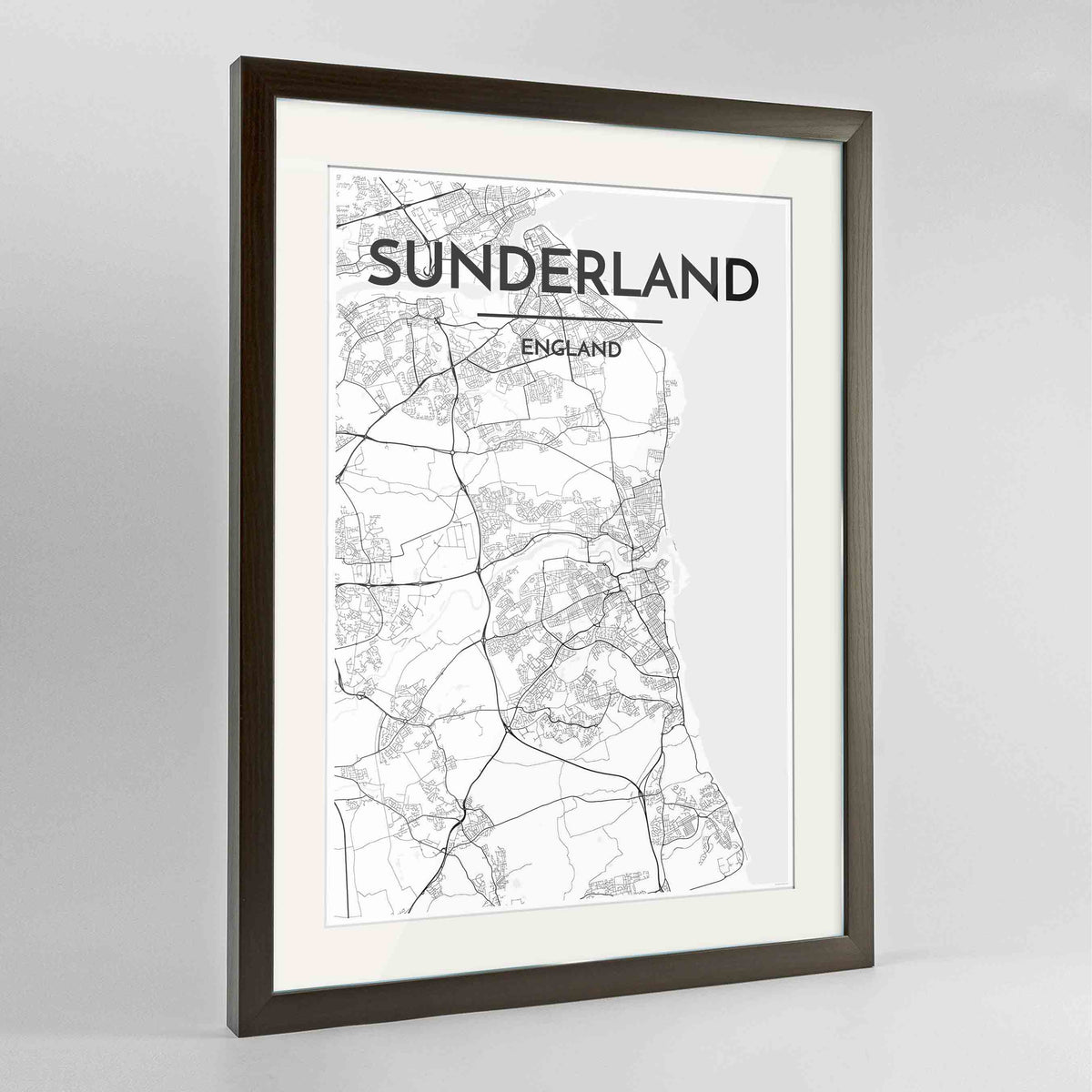 Framed Sunderland Map Art Print 24x36&quot; Contemporary Walnut frame Point Two Design Group