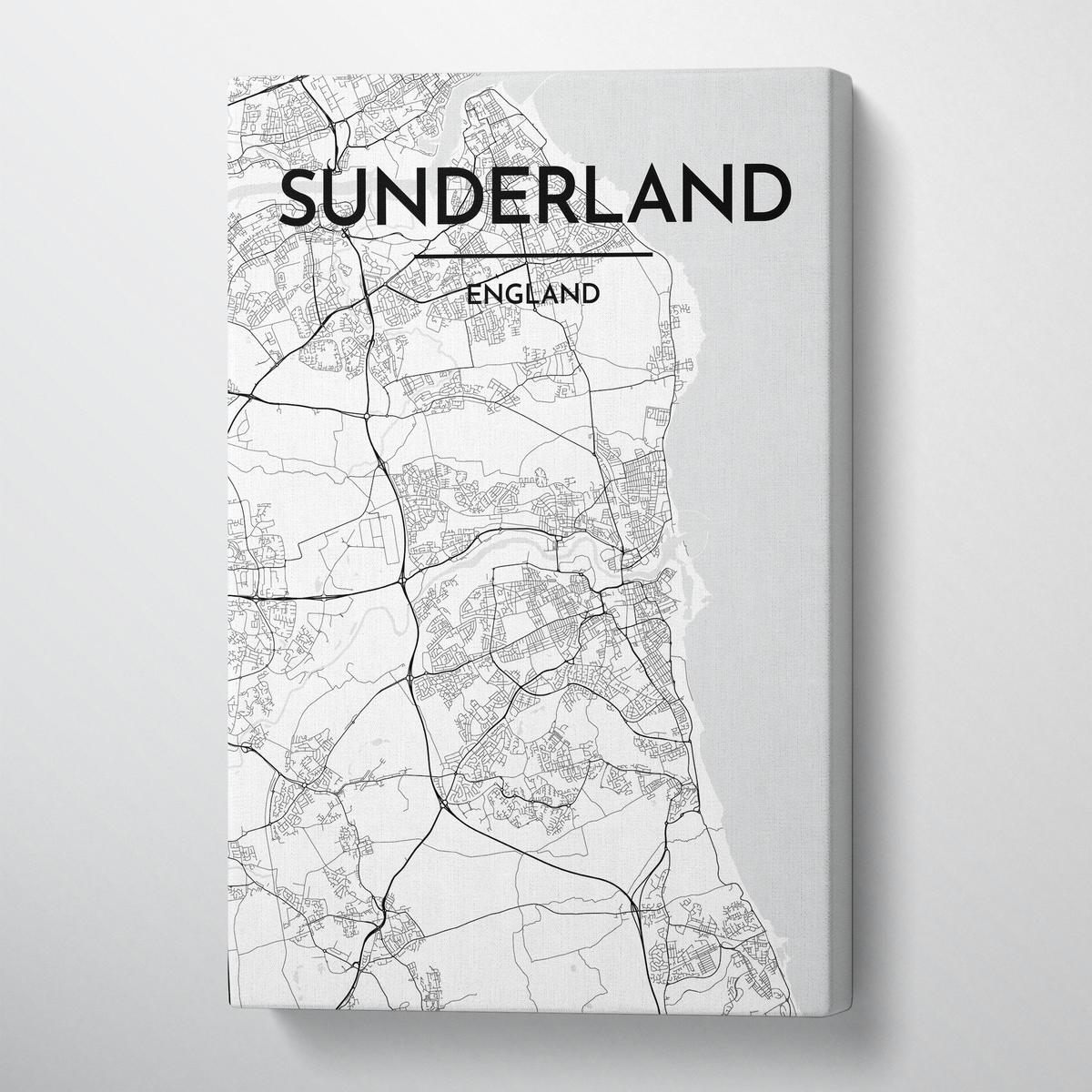 Sunderland City Map Canvas Wrap - Point Two Design - Black &amp; White Print