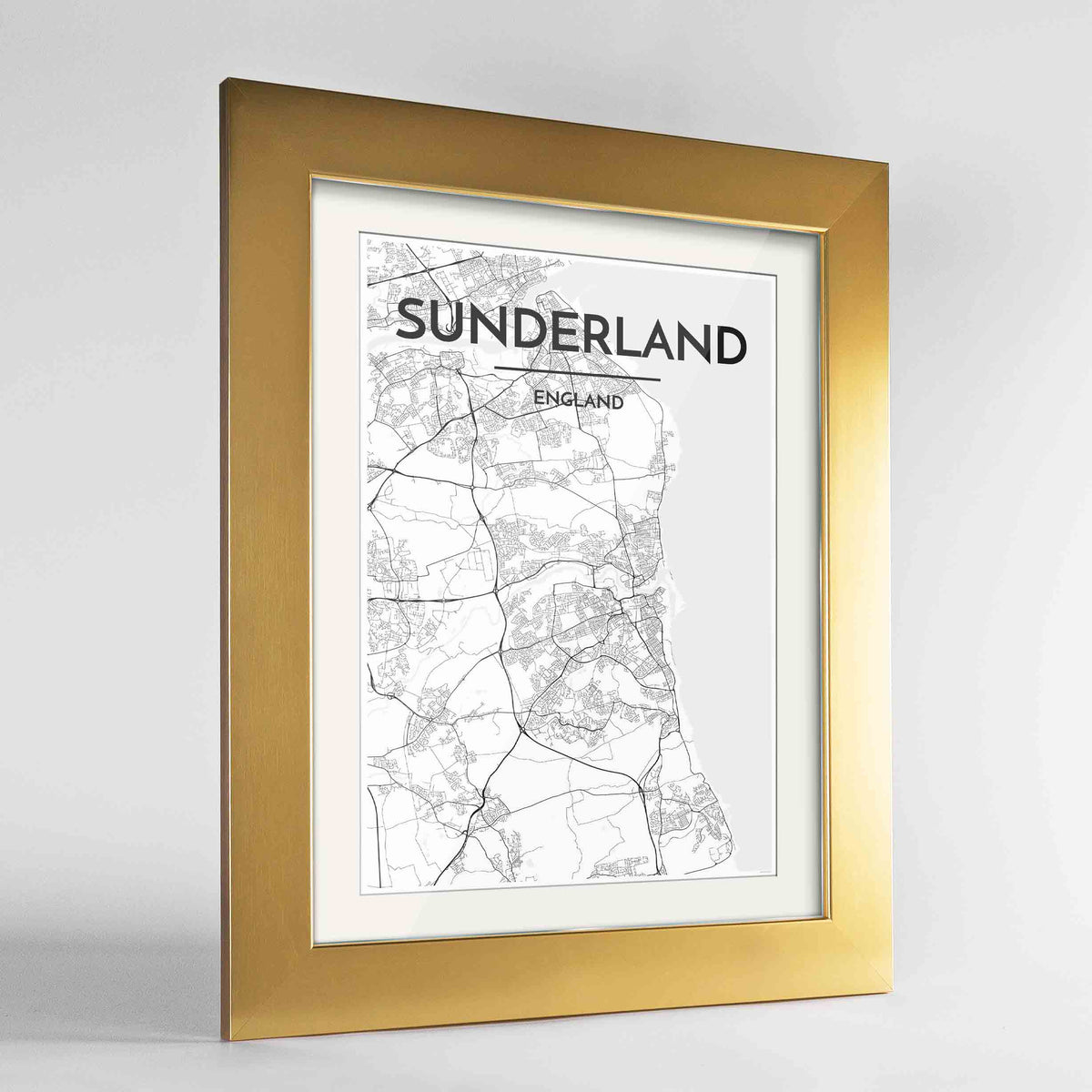 Framed Sunderland Map Art Print 24x36&quot; Gold frame Point Two Design Group
