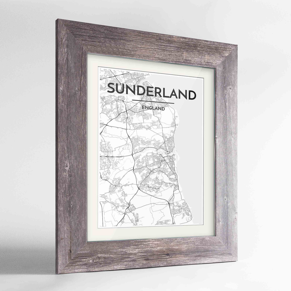 Framed Sunderland Map Art Print 24x36&quot; Western Grey frame Point Two Design Group