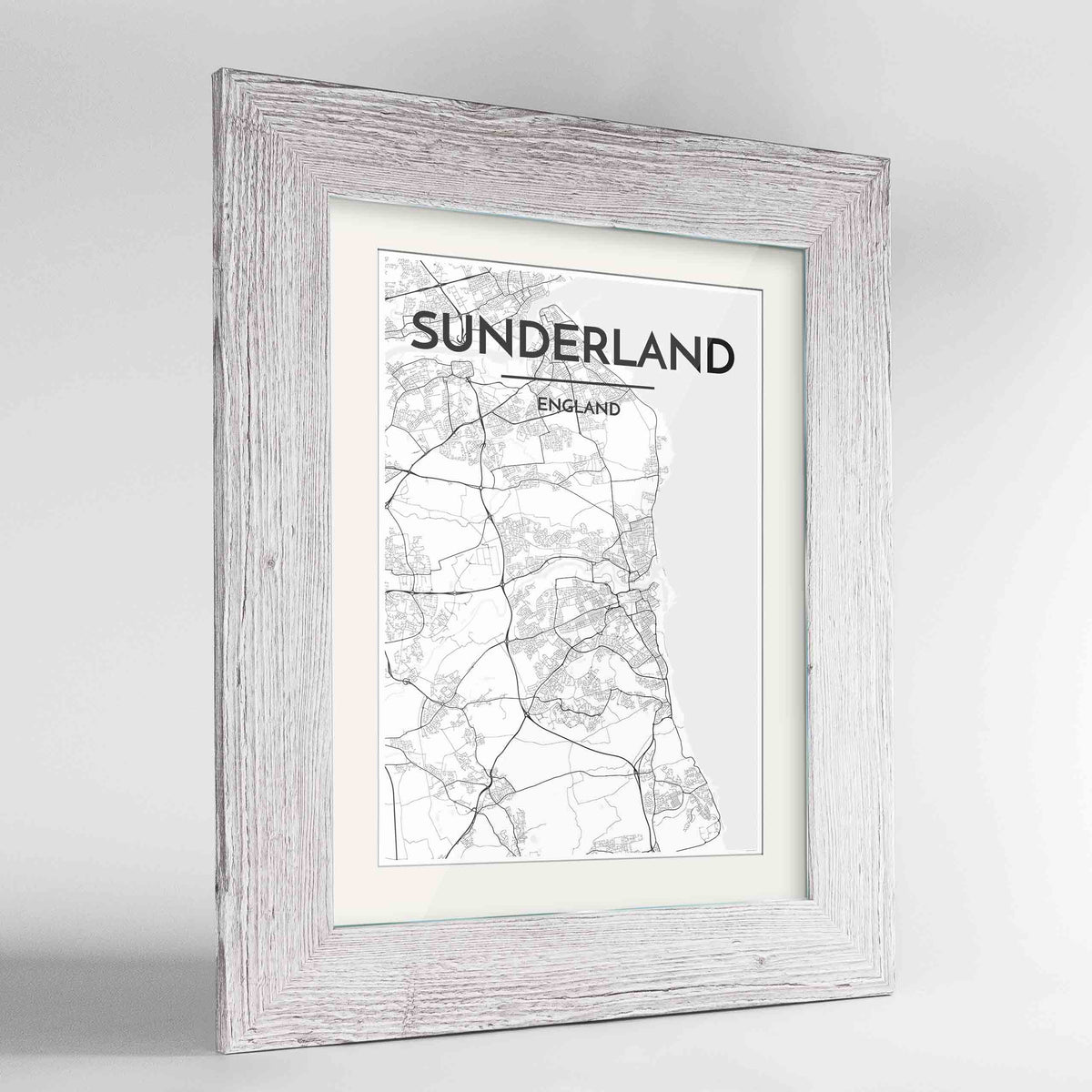 Framed Sunderland Map Art Print 24x36&quot; Western White frame Point Two Design Group