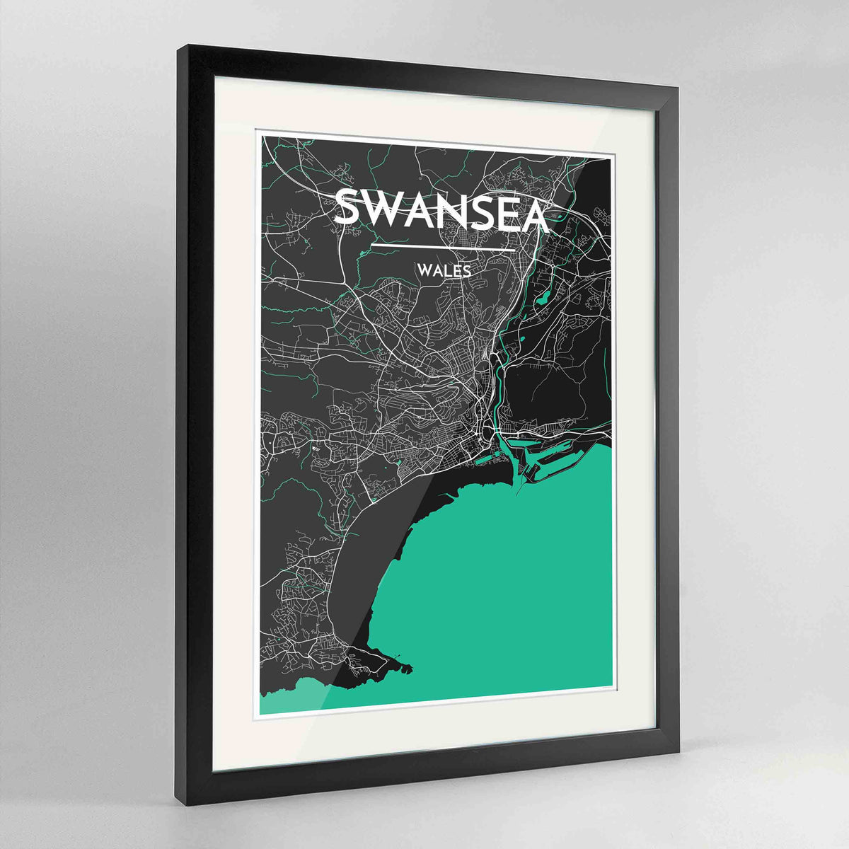 Framed Swansea Map Art Print 24x36&quot; Contemporary Black frame Point Two Design Group