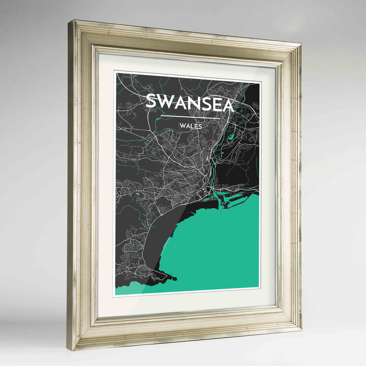 Framed Swansea Map Art Print 24x36&quot; Champagne frame Point Two Design Group