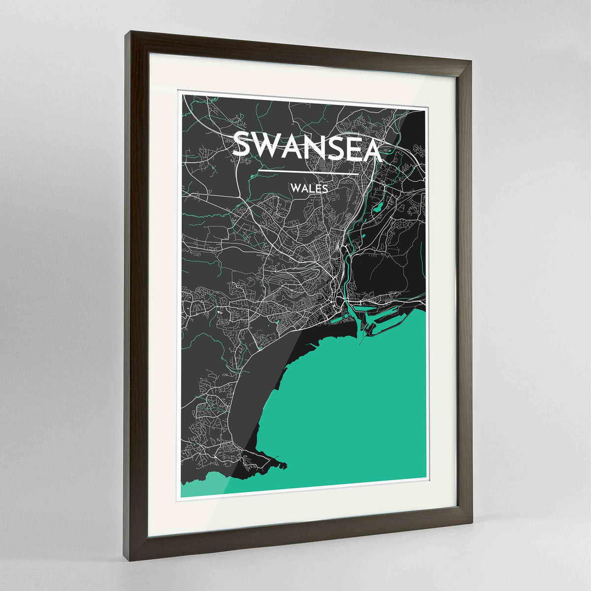 Framed Swansea Map Art Print 24x36&quot; Contemporary Walnut frame Point Two Design Group
