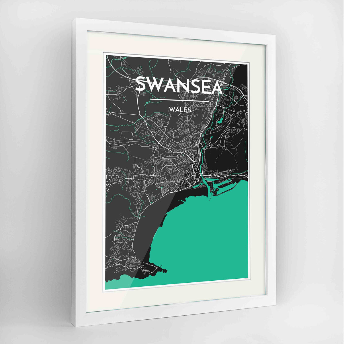 Framed Swansea Map Art Print 24x36&quot; Contemporary White frame Point Two Design Group