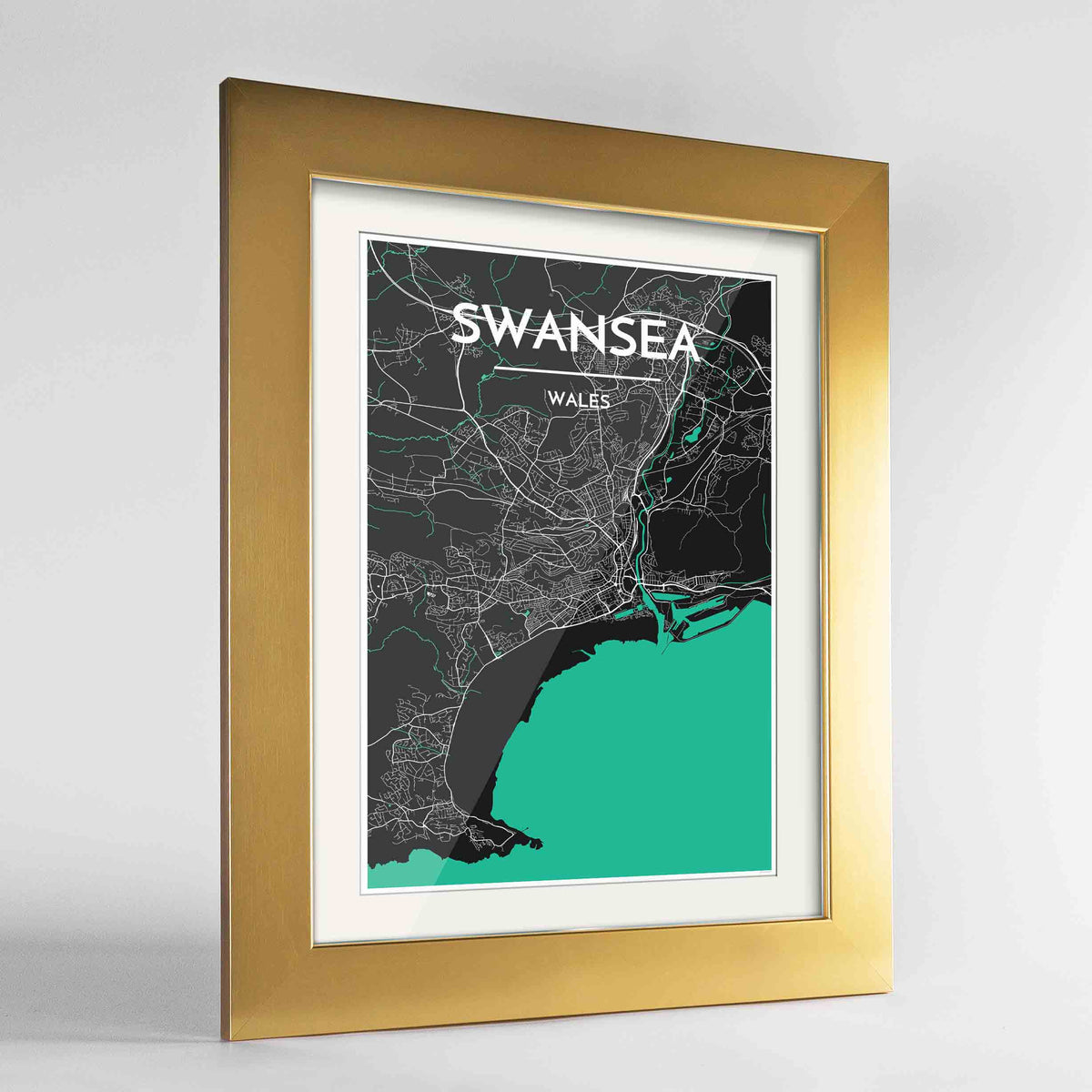 Framed Swansea Map Art Print 24x36&quot; Gold frame Point Two Design Group