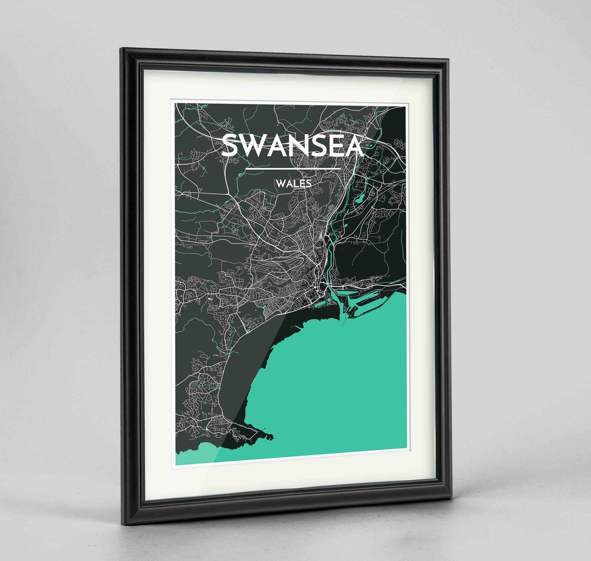 Framed Swansea Map Art Print 24x36&quot; Traditional Black frame Point Two Design Group