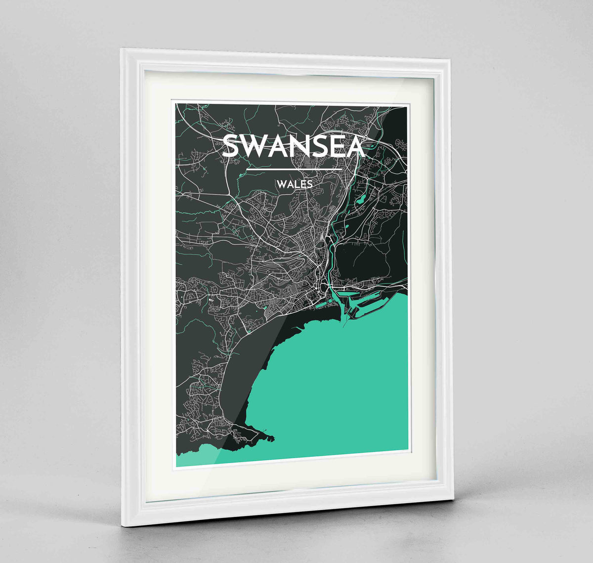 Framed Swansea Map Art Print 24x36&quot; Traditional White frame Point Two Design Group
