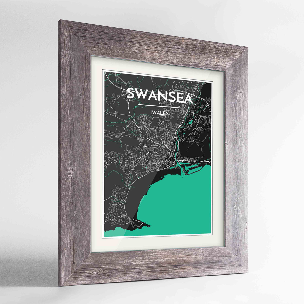 Framed Swansea Map Art Print 24x36&quot; Western Grey frame Point Two Design Group