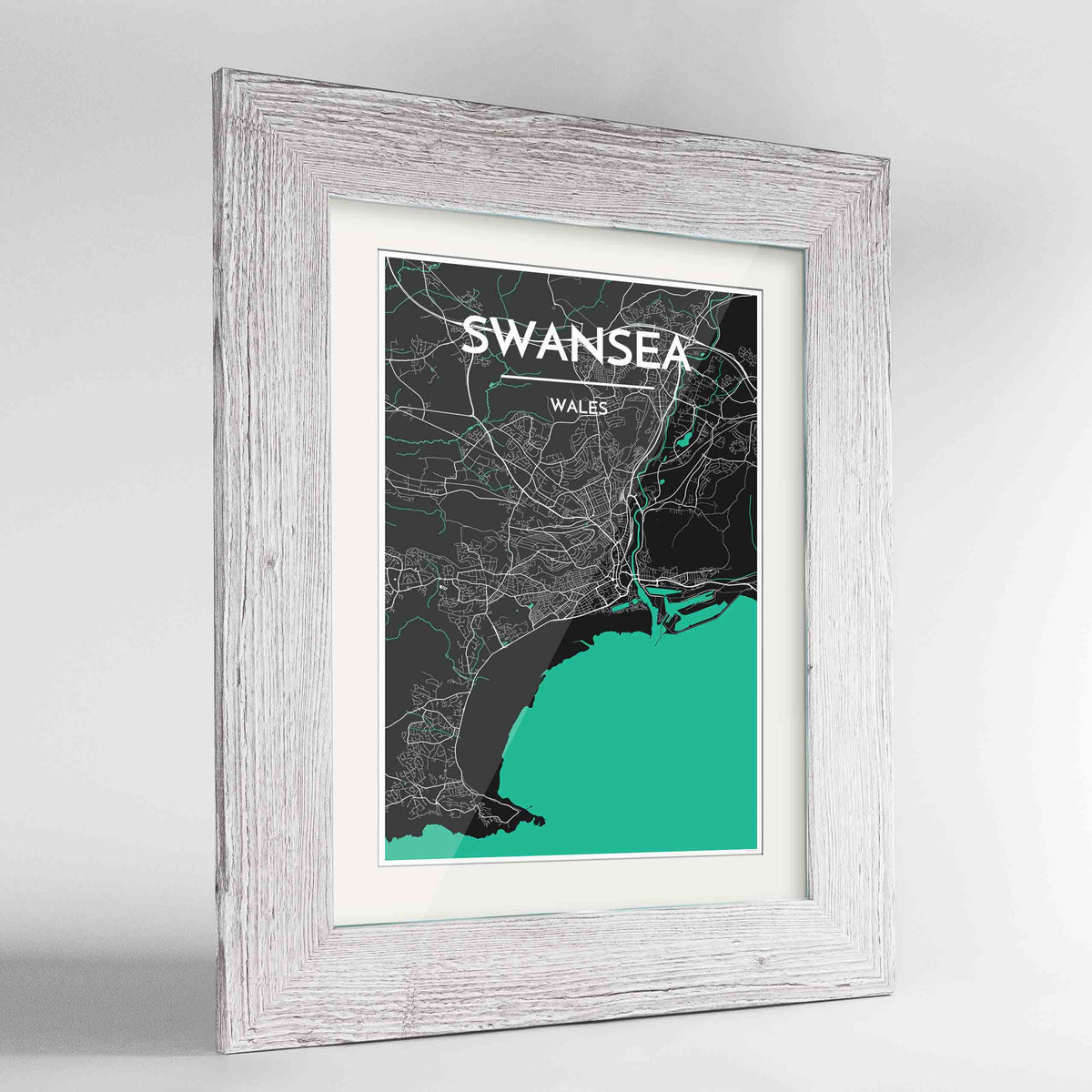 Framed Swansea Map Art Print 24x36&quot; Western White frame Point Two Design Group