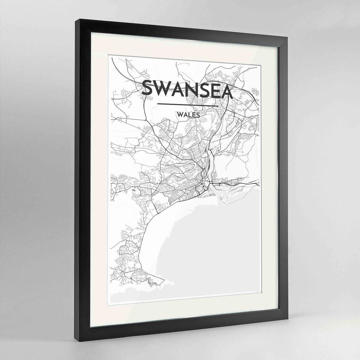 Framed Swansea Map Art Print 24x36&quot; Contemporary Black frame Point Two Design Group