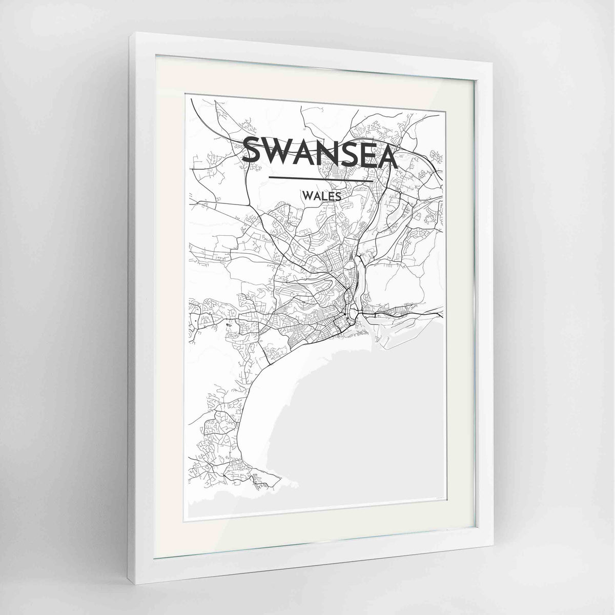 Framed Swansea Map Art Print 24x36&quot; Contemporary White frame Point Two Design Group