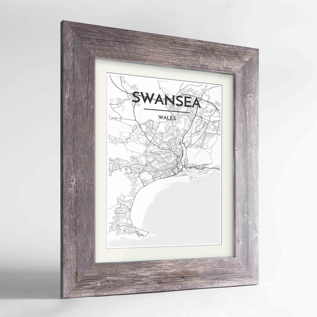 Framed Swansea Map Art Print 24x36&quot; Western Grey frame Point Two Design Group