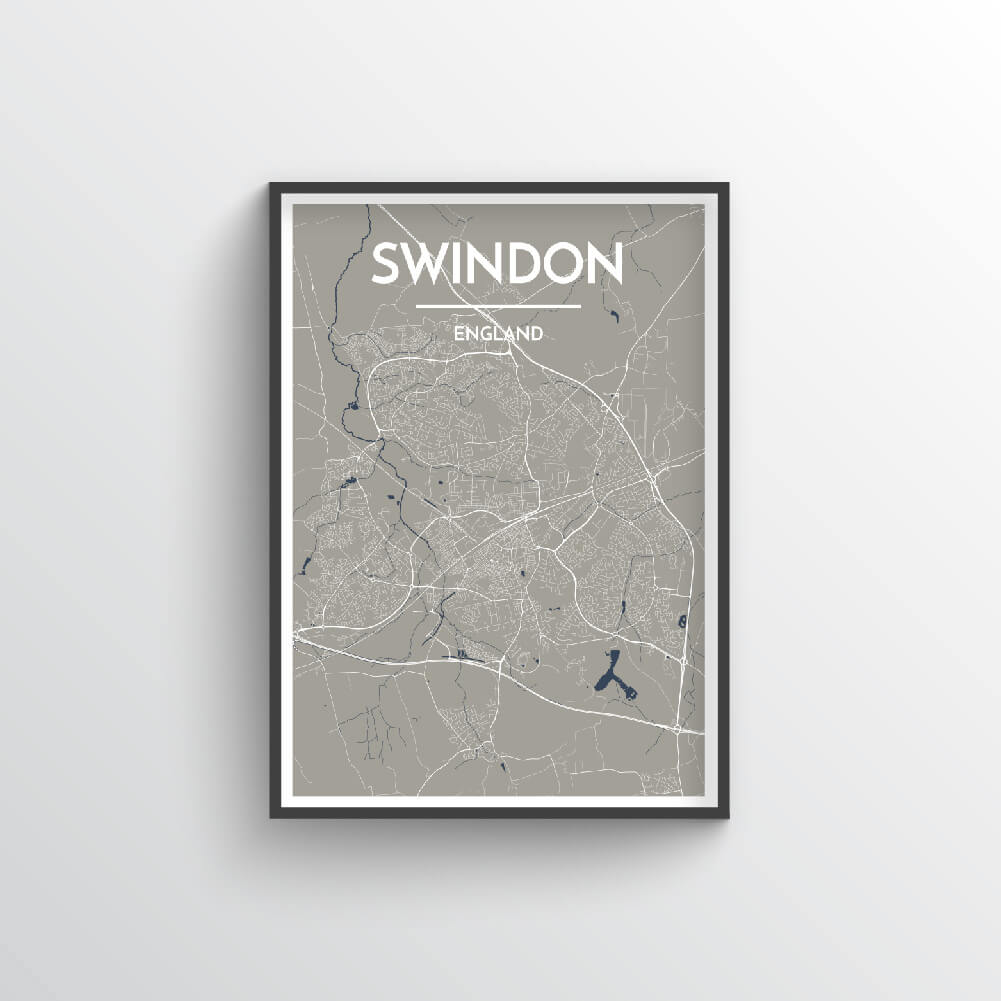 Swindon City Map Art Print - Point Two Design - Black &amp; White Print