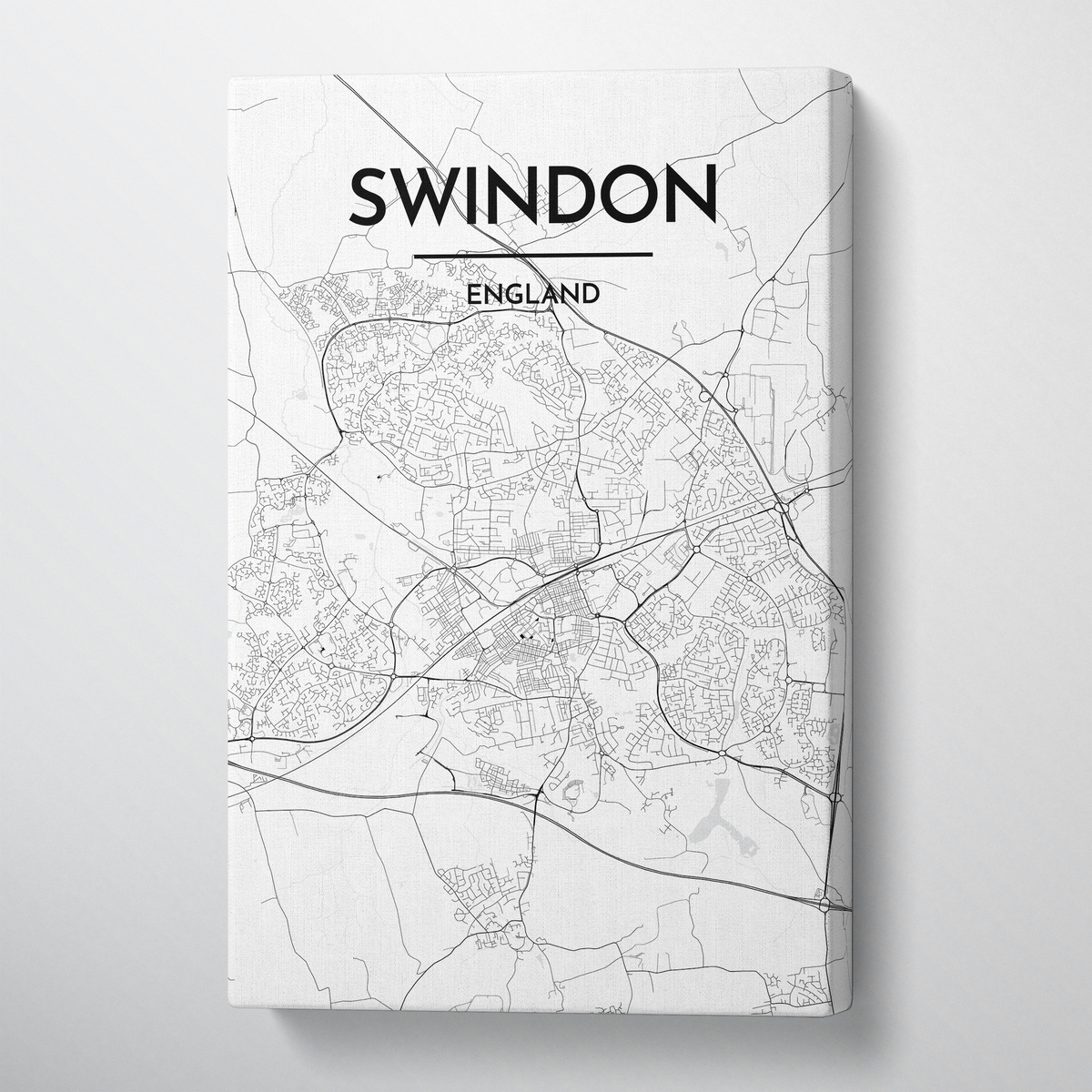 Swindon City Map Canvas Wrap - Point Two Design - Black &amp; White Print