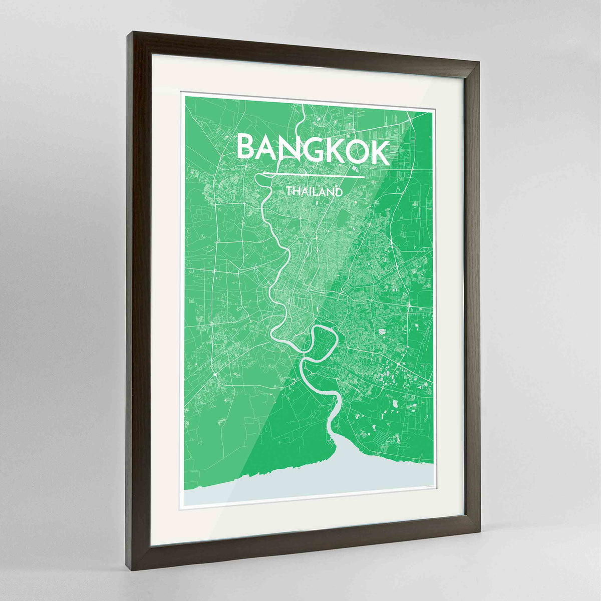 Framed Bangkok Map Art Print 24x36&quot; Contemporary Walnut frame Point Two Design Group
