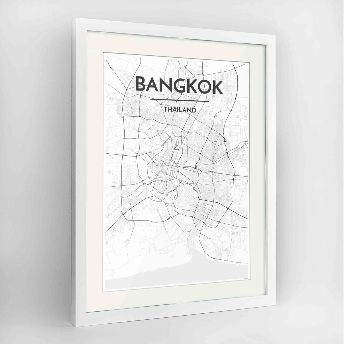 Framed Bangkok Map Art Print 24x36&quot; Contemporary White frame Point Two Design Group