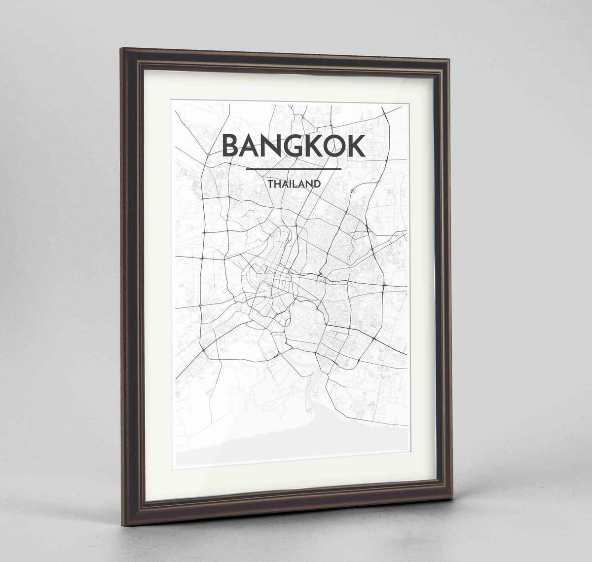 Framed Bangkok Map Art Print 24x36&quot; Traditional Walnut frame Point Two Design Group
