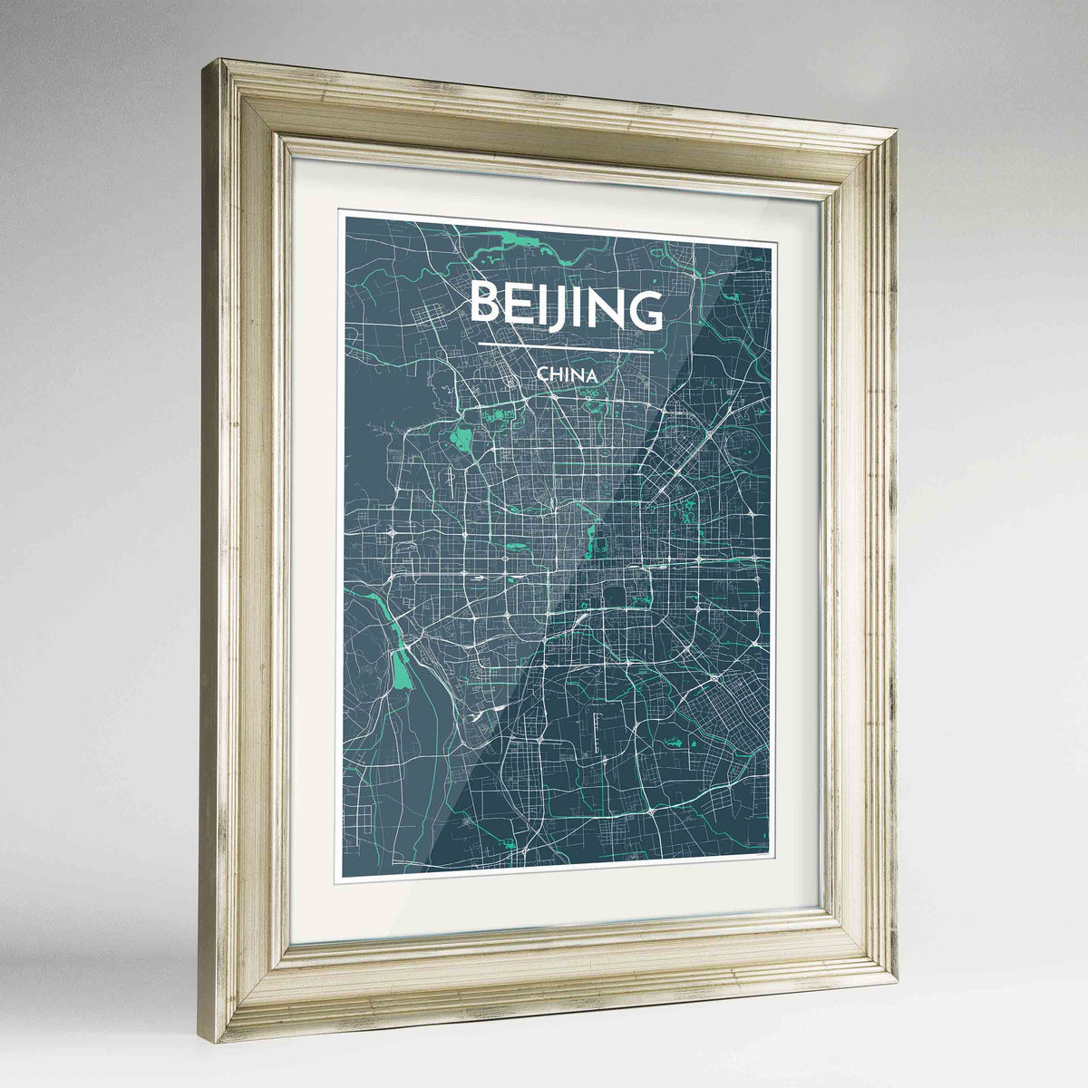 Framed Beijing Map Art Print 24x36&quot; Champagne frame Point Two Design Group