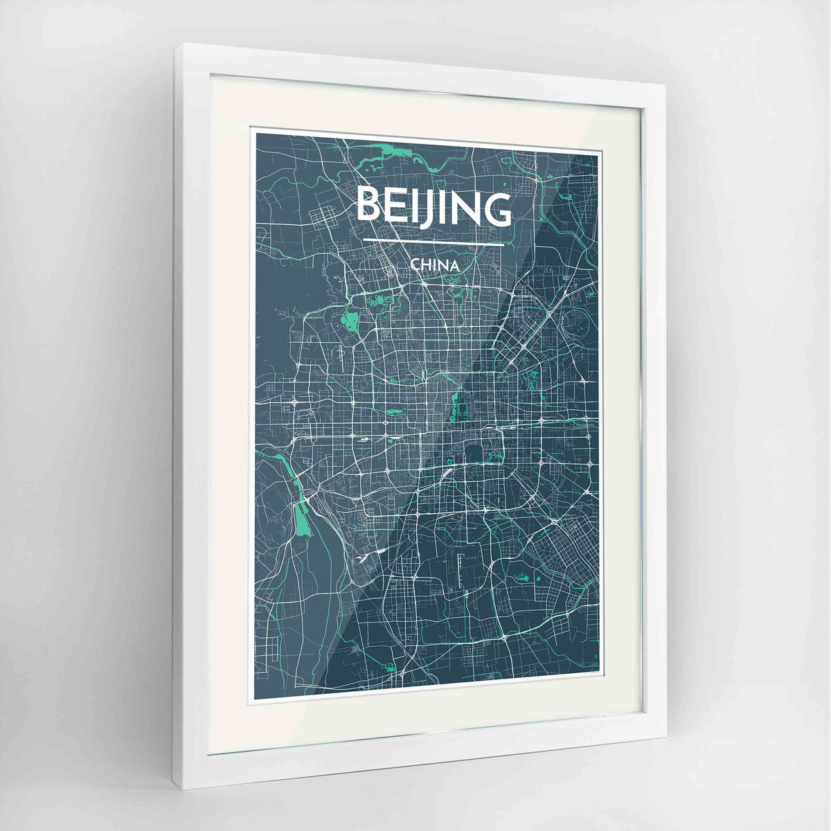 Framed Beijing Map Art Print 24x36&quot; Contemporary White frame Point Two Design Group