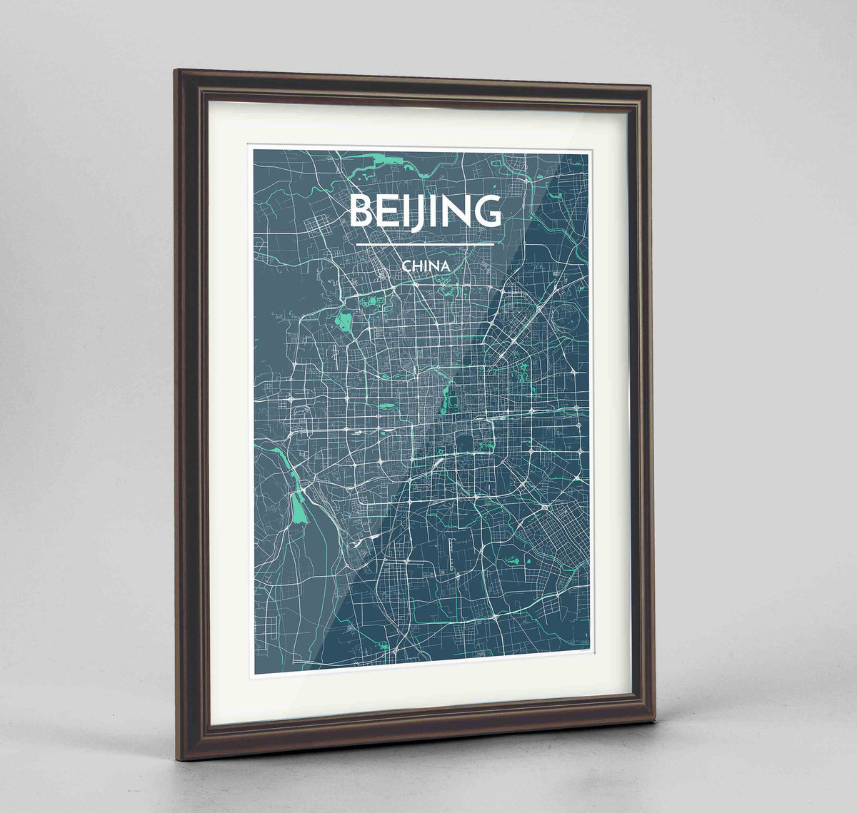 Framed Beijing Map Art Print 24x36&quot; Traditional Walnut frame Point Two Design Group