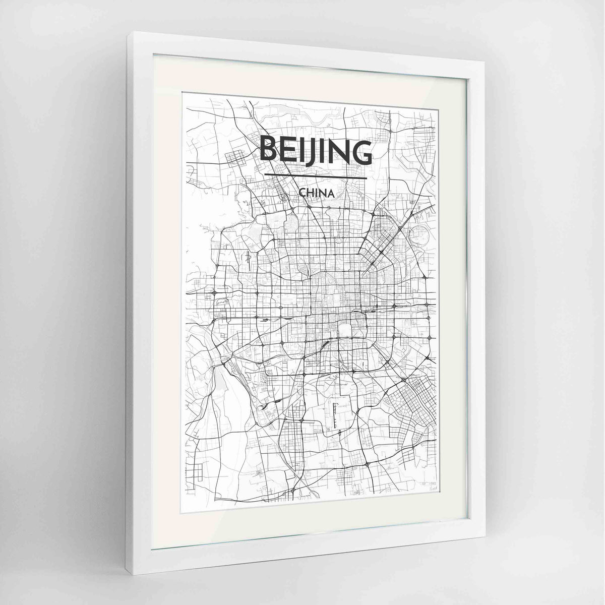 Framed Beijing Map Art Print 24x36&quot; Contemporary White frame Point Two Design Group