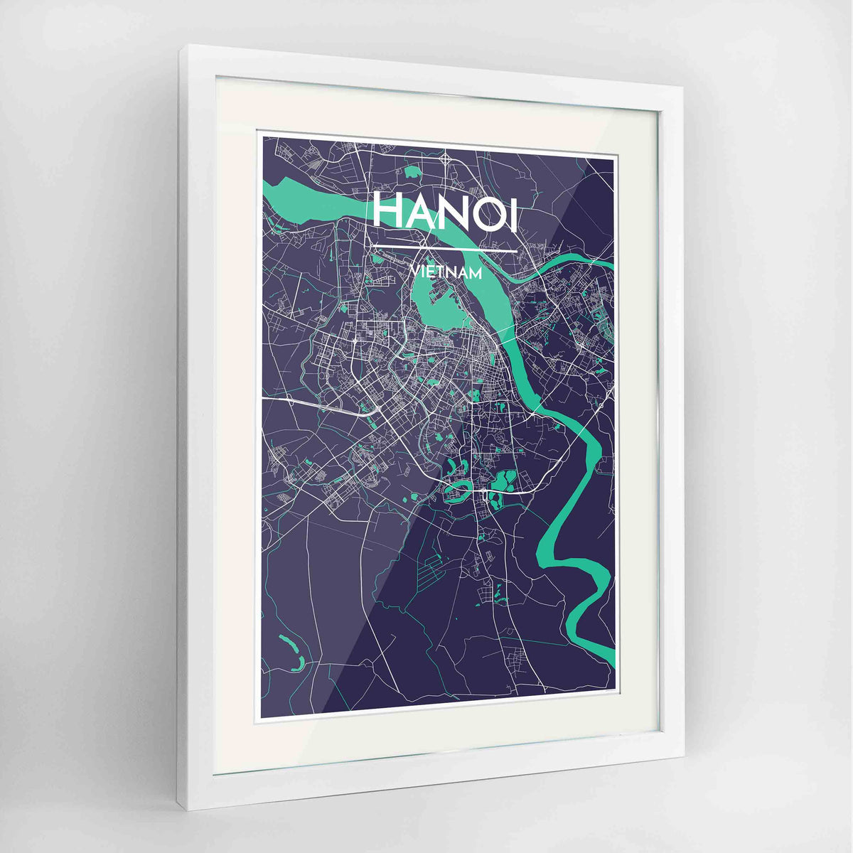 Framed Hanoi Map Art Print 24x36&quot; Contemporary White frame Point Two Design Group