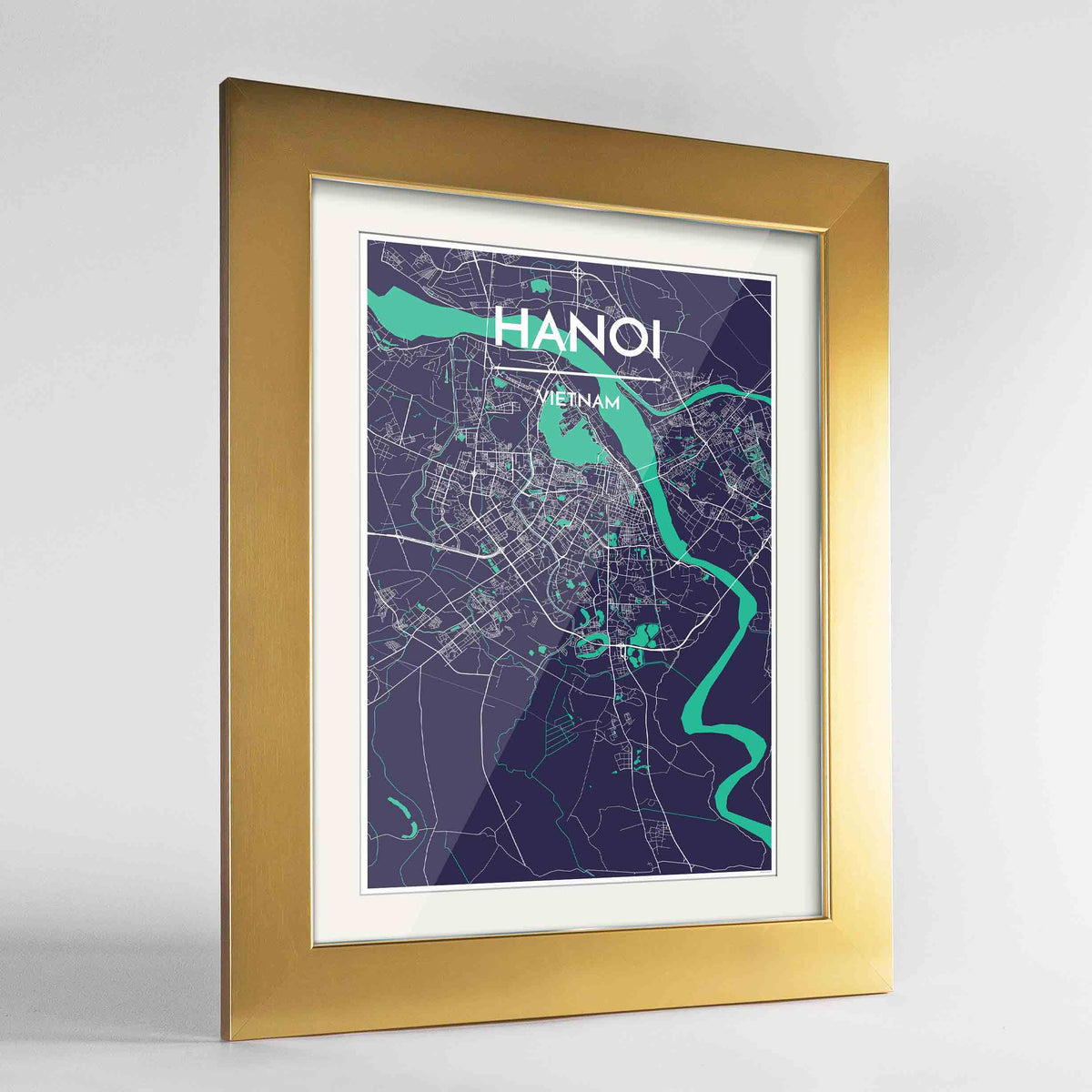 Framed Hanoi Map Art Print 24x36&quot; Gold frame Point Two Design Group