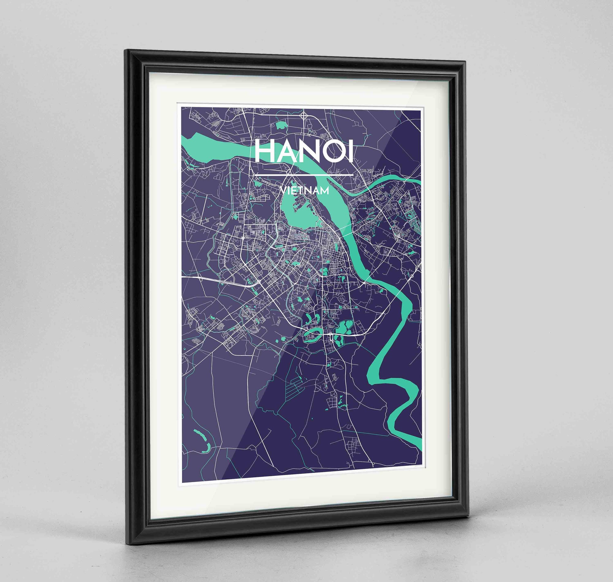 Framed Hanoi Map Art Print 24x36" Traditional Black frame Point Two Design Group