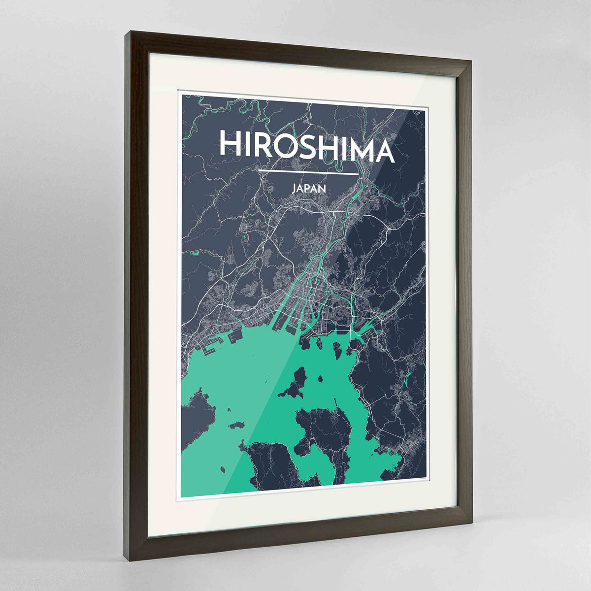 Framed Hiroshima Map Art Print 24x36&quot; Contemporary Walnut frame Point Two Design Group