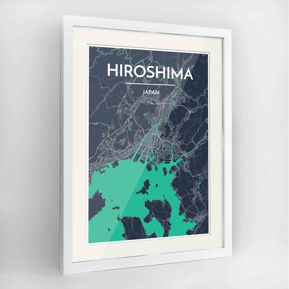 Framed Hiroshima Map Art Print 24x36&quot; Contemporary White frame Point Two Design Group