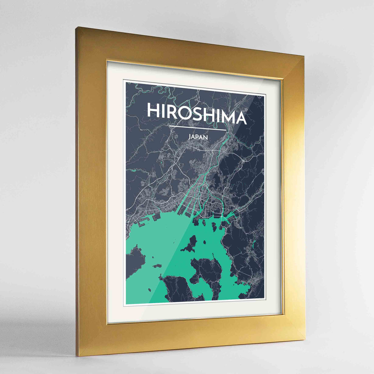 Framed Hiroshima Map Art Print 24x36&quot; Gold frame Point Two Design Group