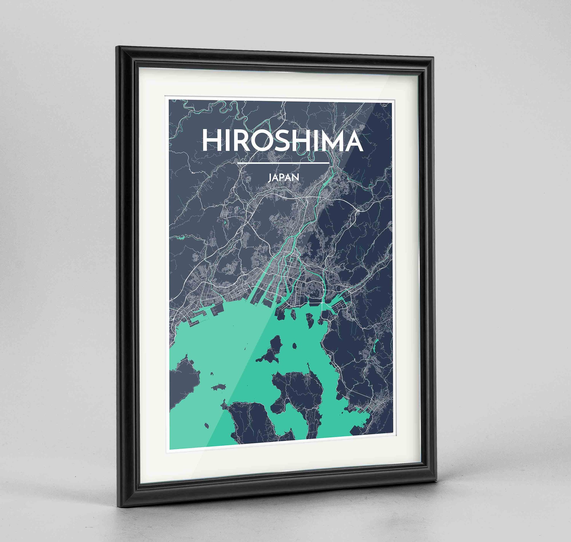 Framed Hiroshima Map Art Print 24x36" Traditional Black frame Point Two Design Group