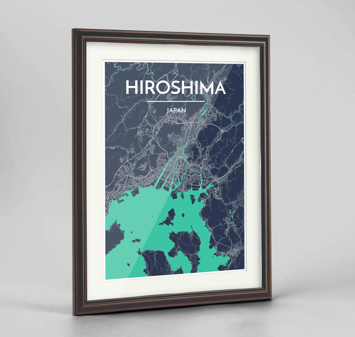 Framed Hiroshima Map Art Print 24x36&quot; Traditional Walnut frame Point Two Design Group