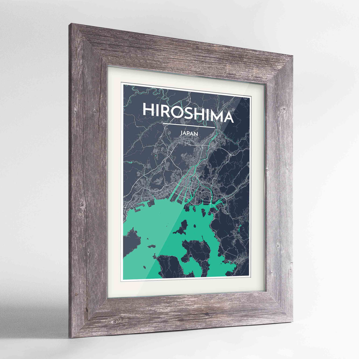 Framed Hiroshima Map Art Print 24x36&quot; Western Grey frame Point Two Design Group