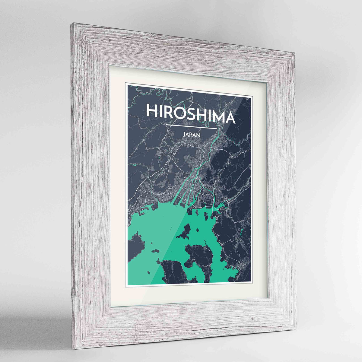 Framed Hiroshima Map Art Print 24x36&quot; Western White frame Point Two Design Group