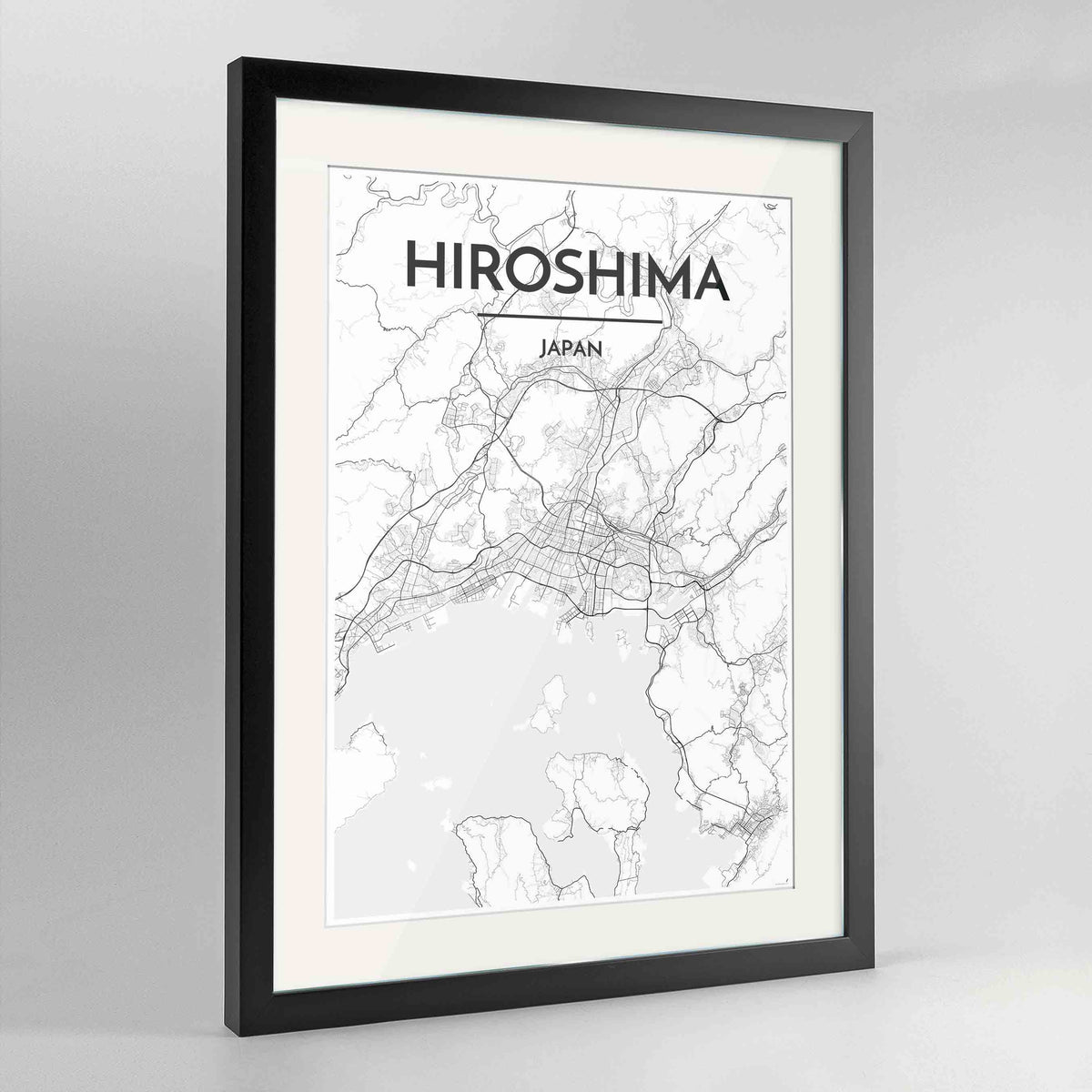 Framed Hiroshima Map Art Print 24x36&quot; Contemporary Black frame Point Two Design Group