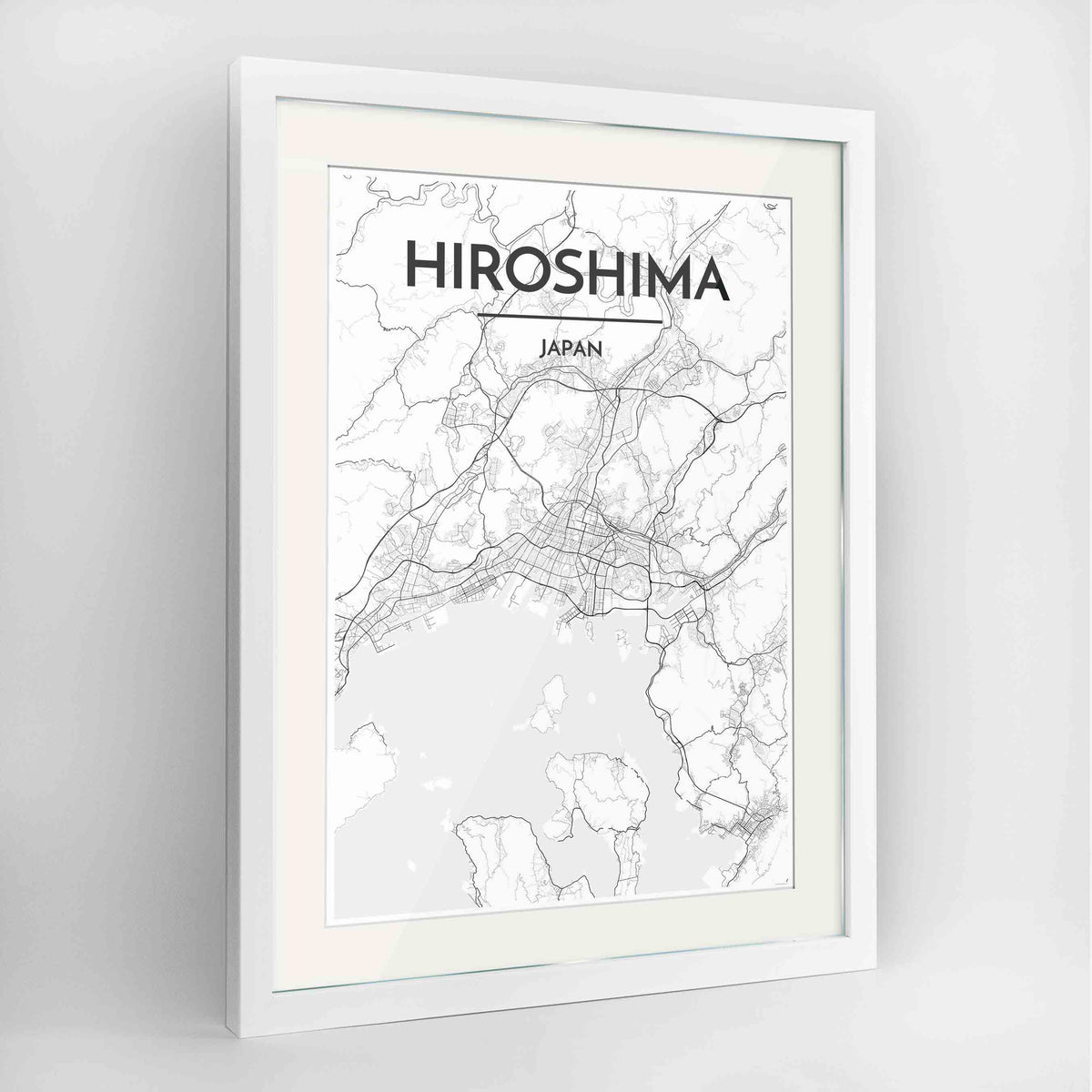 Framed Hiroshima Map Art Print 24x36&quot; Contemporary White frame Point Two Design Group