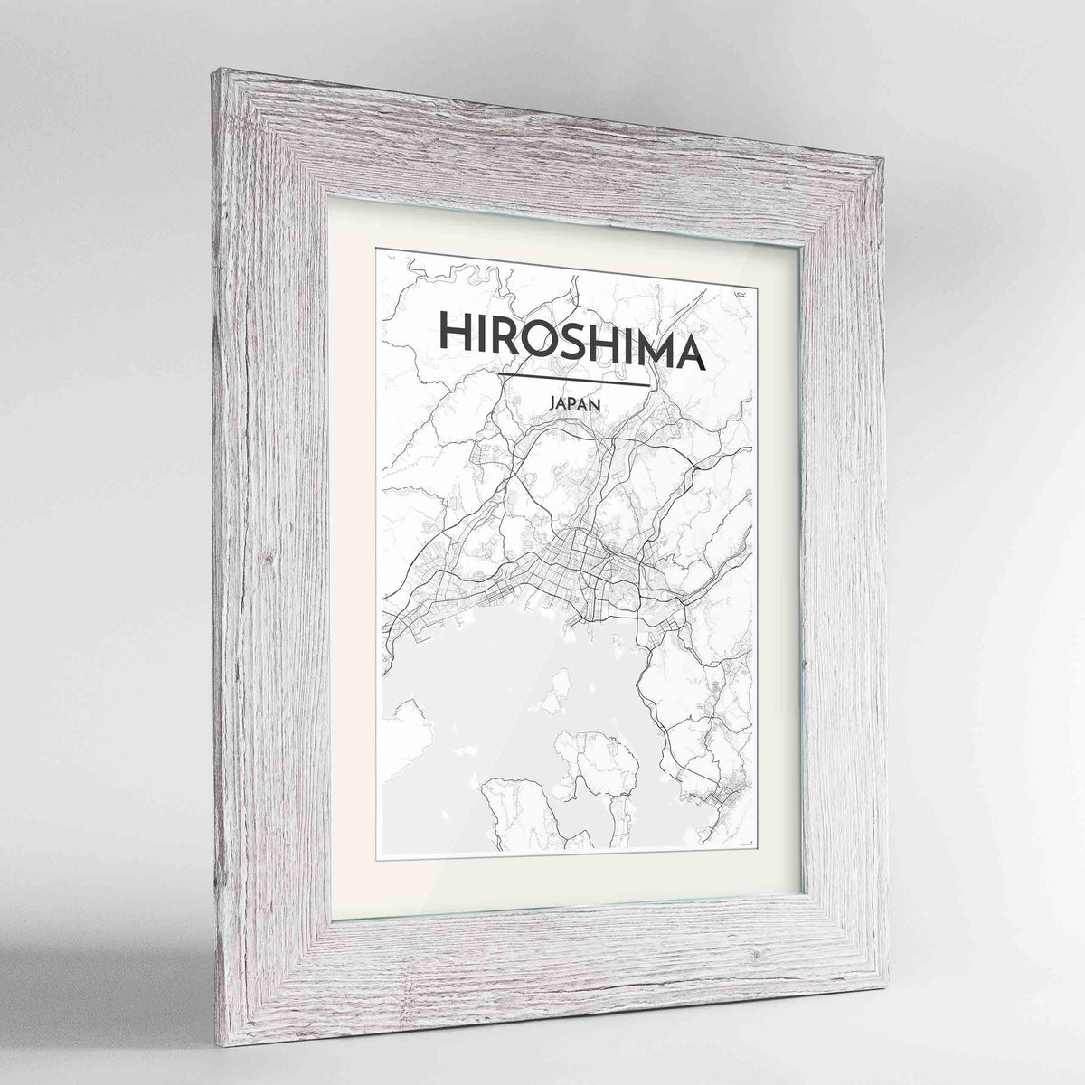 Framed Hiroshima Map Art Print 24x36&quot; Western White frame Point Two Design Group