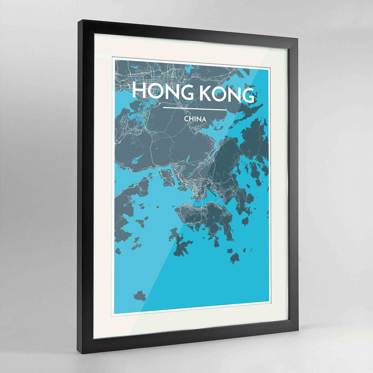 Framed Hong Kong Map Art Print 24x36&quot; Contemporary Black frame Point Two Design Group