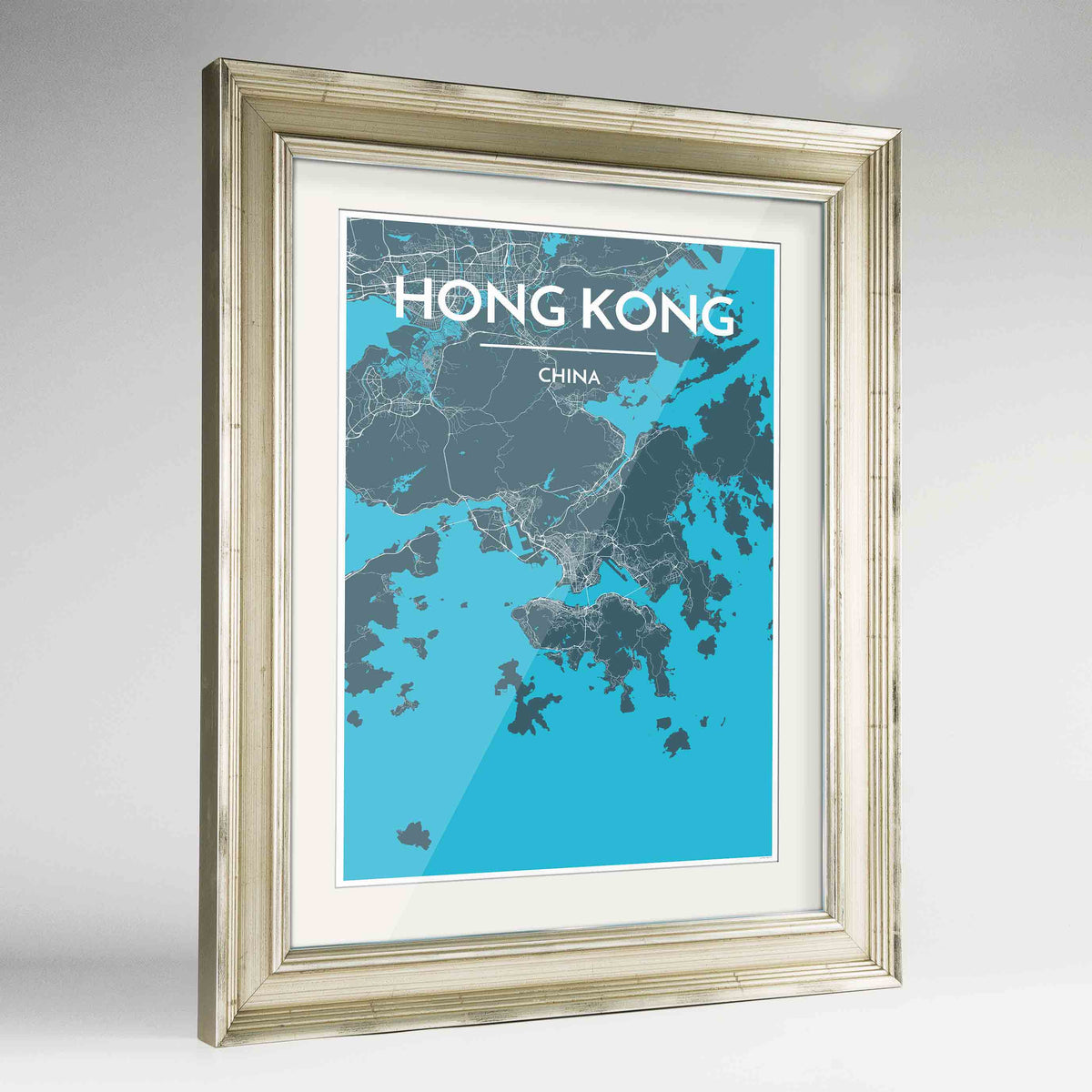 Framed Hong Kong Map Art Print 24x36&quot; Champagne frame Point Two Design Group