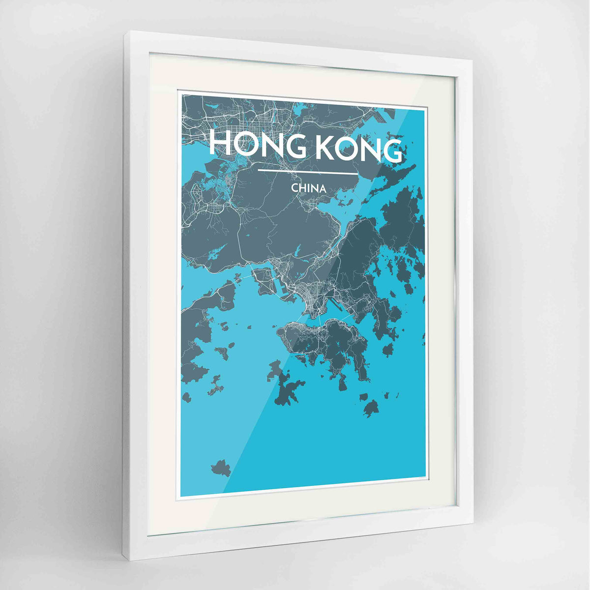 Framed Hong Kong Map Art Print 24x36&quot; Contemporary White frame Point Two Design Group