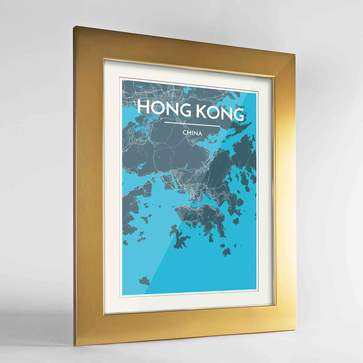 Framed Hong Kong Map Art Print 24x36&quot; Gold frame Point Two Design Group