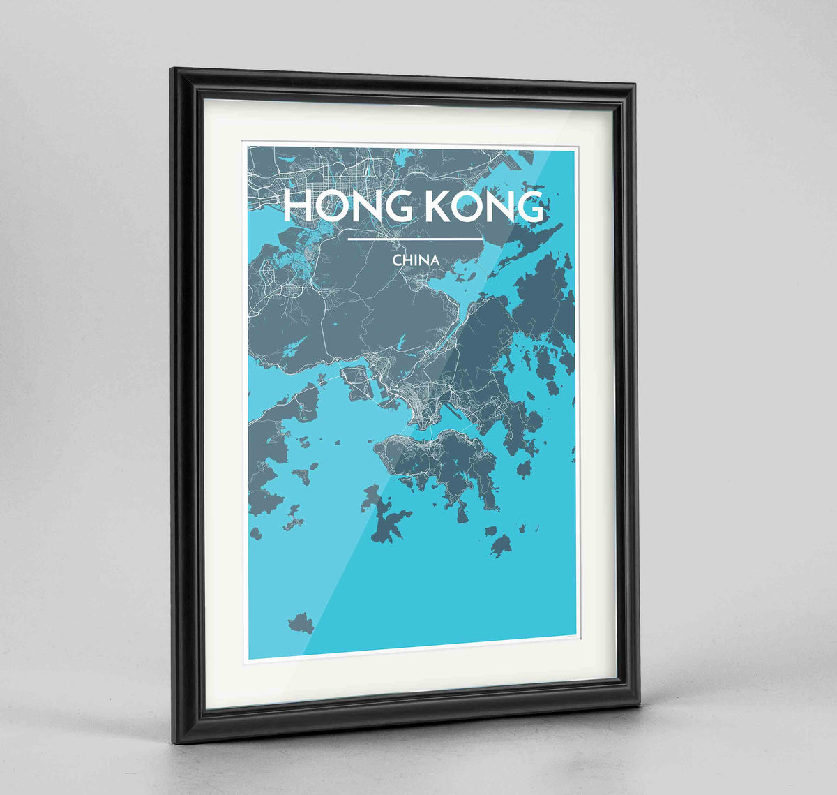 Framed Hong Kong Map Art Print 24x36&quot; Traditional Black frame Point Two Design Group